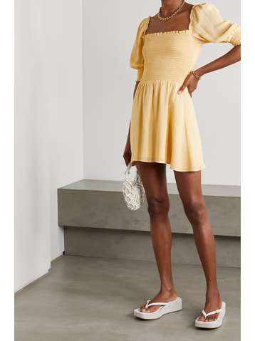 REFORMATION Elle ruffled shirred crepe mini dress