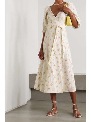 REFORMATION Mint floral-print linen wrap midi dress