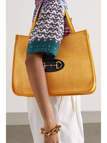 GUCCI Horsebit 1955 leather-trimmed faux straw tote