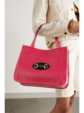 GUCCI Horsebit 1955 leather-trimmed faux straw tote