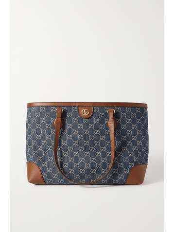GUCCI Ophidia medium textured leather-trimmed logo-jacquard denim tote