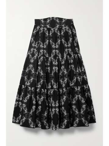 ANNA MASON Tati tiered embroidered cotton-twill midi skirt