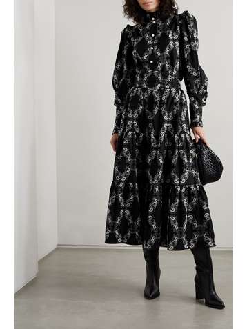 ANNA MASON Tati tiered embroidered cotton-twill midi skirt