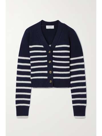LA LIGNE Cardigan en laine et cachemire mélangés jacquard à rayures Mini Marin