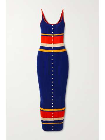 PACO RABANNE Striped ribbed cotton-blend midi dress