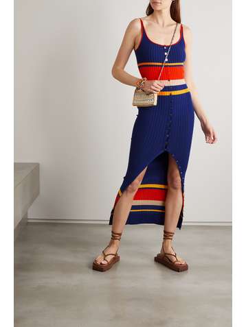 PACO RABANNE Striped ribbed cotton-blend midi dress