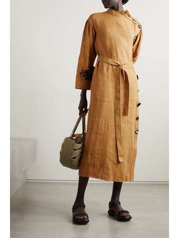TORY BURCH Midikleid aus Leinen mit Bindegürtel und Knöpfen
