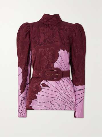 JOHANNA ORTIZ Illusional Perspective rückenfreie Bluse aus glänzendem Jacquard mit Blumenprint und Gürtel