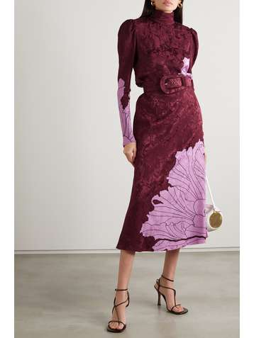 JOHANNA ORTIZ Illusional Perspective rückenfreie Bluse aus glänzendem Jacquard mit Blumenprint und Gürtel