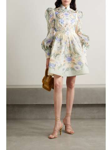 ZIMMERMANN Rhythm crystal-embellished cutout floral-print linen and silk-blend mini dress