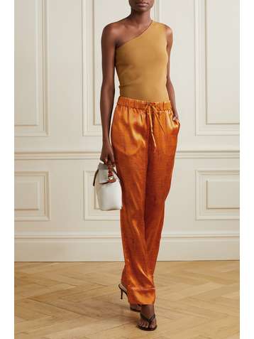 SALONI Pantalon droit en crêpe de Chine de soie imprimé Paige