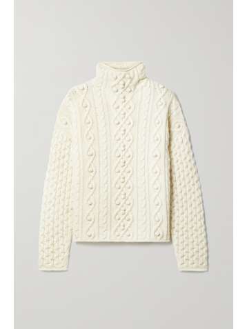 THEORY Pompom-embellished cable-knit wool and cashmere-blend turtleneck sweater