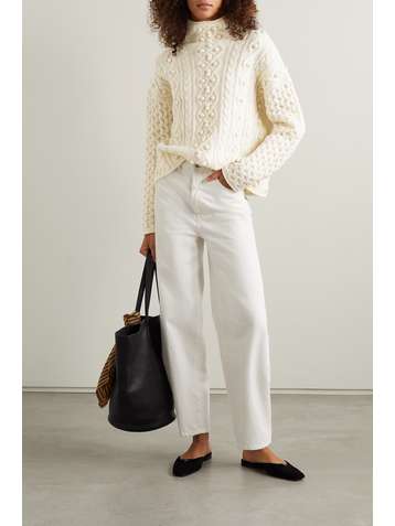 THEORY Pompom-embellished cable-knit wool and cashmere-blend turtleneck sweater