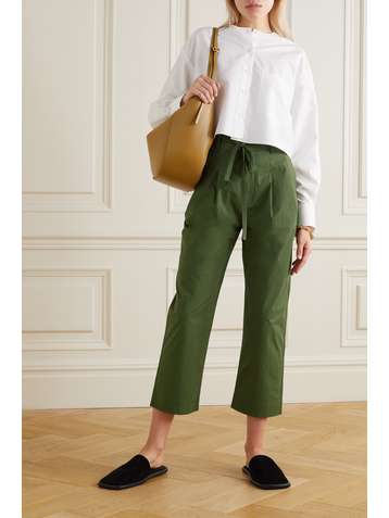 CO Pantalon droit raccourci en popeline de coton stretch à plis et à ceinture