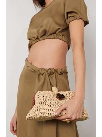 SERENA UZIYEL Pochette en raphia à finitions en cuir et à ornements Alessa