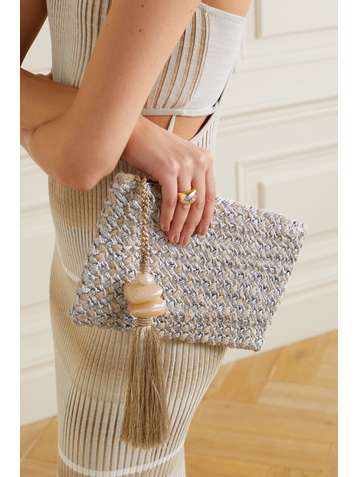 SERENA UZIYEL Pochette en jute bicolore à houppes Perla