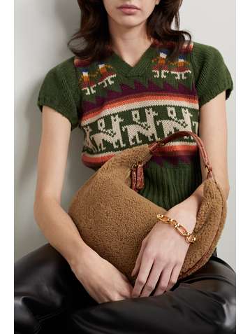 STAUD Sasha croc-effect leather-trimmed shearling shoulder bag