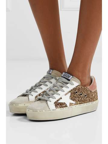 GOLDEN GOOSE Hi Star distressed glittered leather and suede sneakers