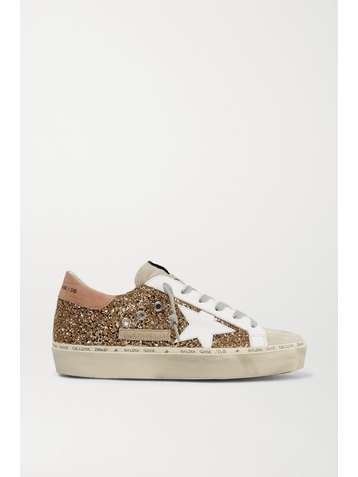GOLDEN GOOSE Hi Star distressed glittered leather and suede sneakers
