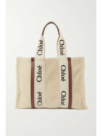 CHLOÉ Woody large leather-trimmed shearling tote