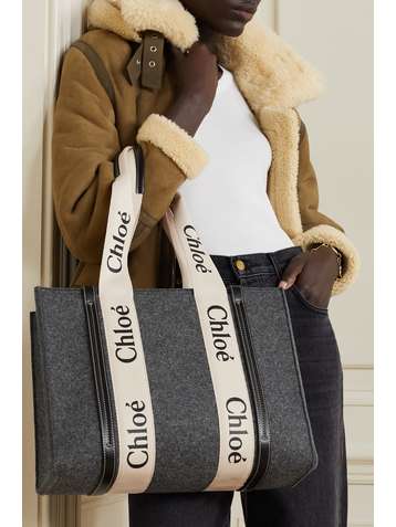 CHLOÉ + NET SUSTAIN Woody medium leather-trimmed wool tote
