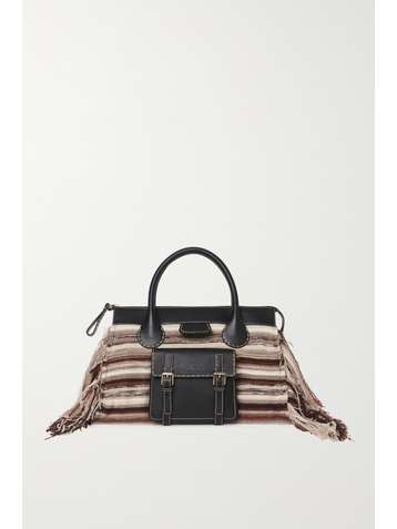 CHLOÉ Edith large fringed striped recycled cashmere and leather tote