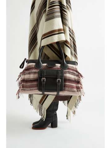 CHLOÉ Edith large fringed striped recycled cashmere and leather tote