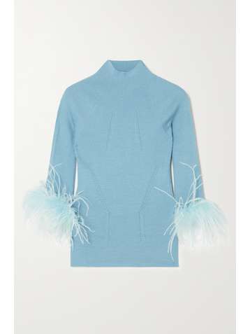 LANVIN Feather-trimmed ribbed wool and cashmere-blend sweater