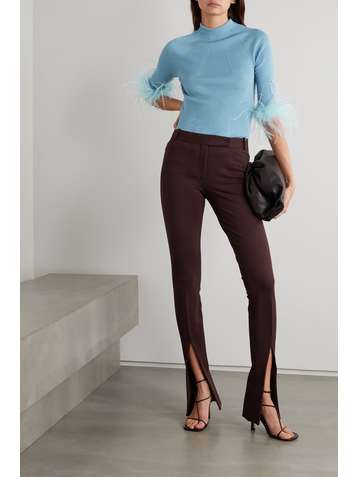 LANVIN Feather-trimmed ribbed wool and cashmere-blend sweater