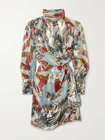 LANVIN Gathered printed silk-blend lamé mini dress