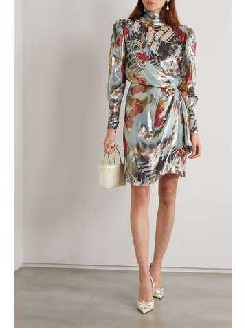 LANVIN Gathered printed silk-blend lamé mini dress