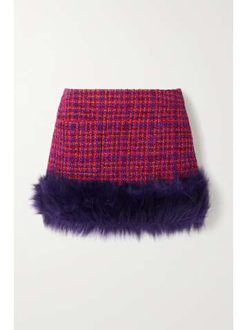SAINT LAURENT Faux fur-trimmed checked wool-blend bouclé mini skirt