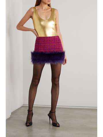 SAINT LAURENT Faux fur-trimmed checked wool-blend bouclé mini skirt