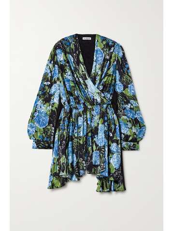 BALENCIAGA Minikleid aus Seiden-Jacquard und Satin mit Blumenprint und Falten