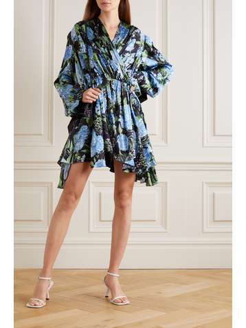 BALENCIAGA Minikleid aus Seiden-Jacquard und Satin mit Blumenprint und Falten