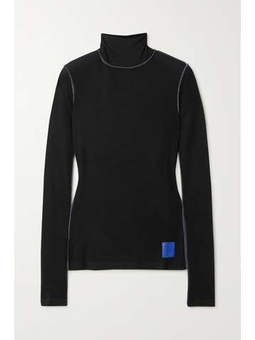 LOEWE Leather-trimmed ribbed-knit turtleneck top