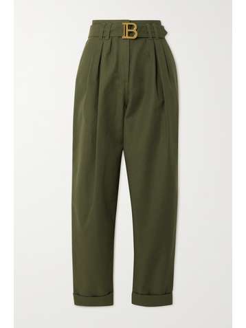 BALMAIN Embellished pleated cotton-canvas tapered pants