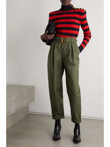BALMAIN Embellished pleated cotton-canvas tapered pants