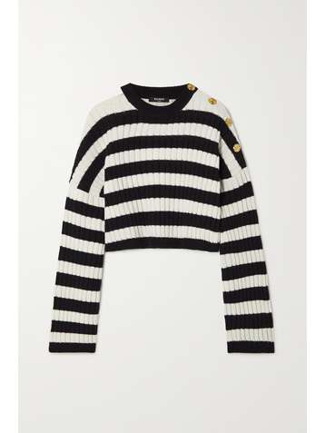 BALMAIN Oversized cutout ribbed striped wool-blend sweater
