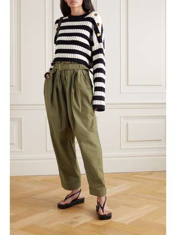 BALMAIN Oversized cutout ribbed striped wool-blend sweater