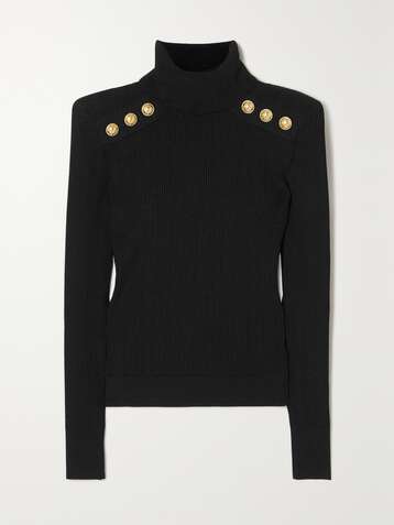 BALMAIN Button-detailed ribbed-knit turtleneck sweater