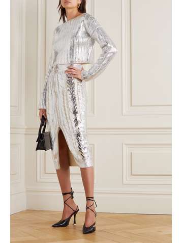 BALMAIN Metallic cable-knit wool and Lyocell-blend midi skirt