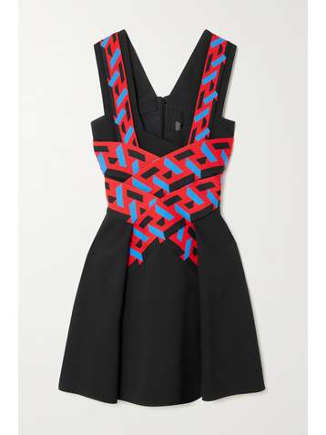 VERSACE Pleated wrap-effect crepe and jacquard-knit mini dress