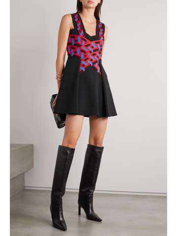 VERSACE Pleated wrap-effect crepe and jacquard-knit mini dress