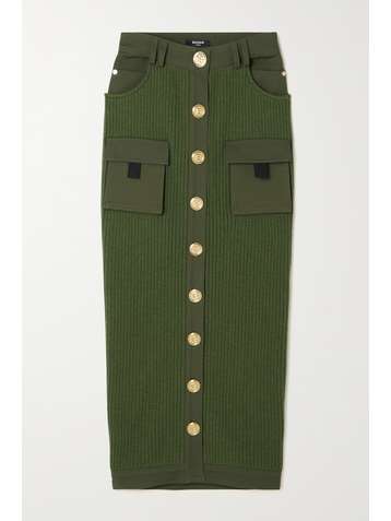 BALMAIN Button-embellished ribbed wool midi skirt