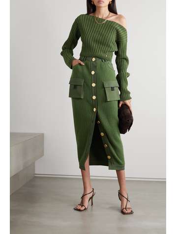 BALMAIN Button-embellished ribbed wool midi skirt