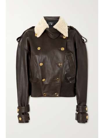 BALMAIN Double-breasted shearling-trimmed leather bomber jacket