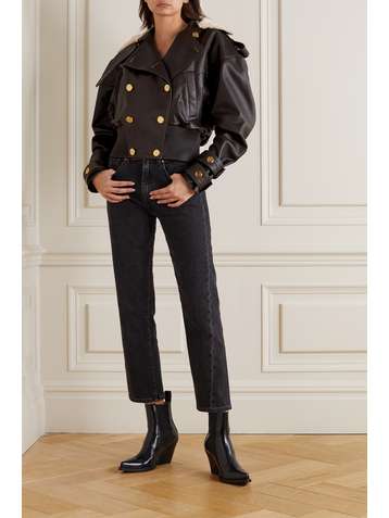 BALMAIN Double-breasted shearling-trimmed leather bomber jacket