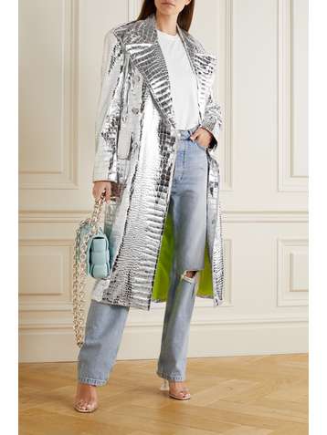 BALMAIN Double-breasted metallic croc-effect faux leather coat