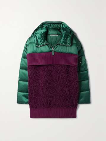 STELLA MCCARTNEY Paneled padded quilted shell, ribbed wool and wool-blend bouclé hoodie